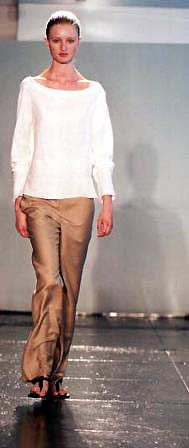 Candice in white linen to with bias push up sleeves and camel silk mohair bell pant