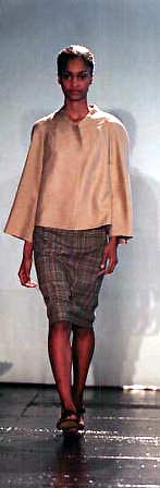 Kimanee in camel silk and mohair sycamore jacket and tartan check cotton/silk skirt