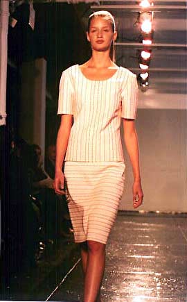 Linda in cotton ticking back strap top and matching skirt